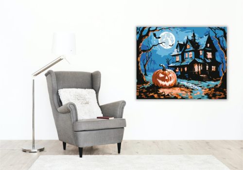 Kísértetjárta ház és faragott tök - számfestő készlet - Számfestő.hu - 50×60cm - keret nélkül