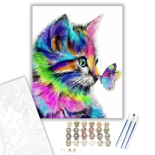 Szivárvány cica és pillangó - számfestő készlet - Számfestő.hu - 80×100cm - keretre feszítve