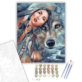 Indián lány és farkas - számfestő készlet - Számfestő.hu - 40×50cm - keret nélkül