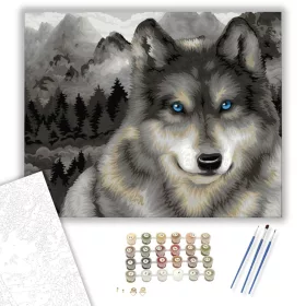 Kékszemű farkas a hegyen - számfestő készlet - Számfestő.hu - 40×50cm - keret nélkül
