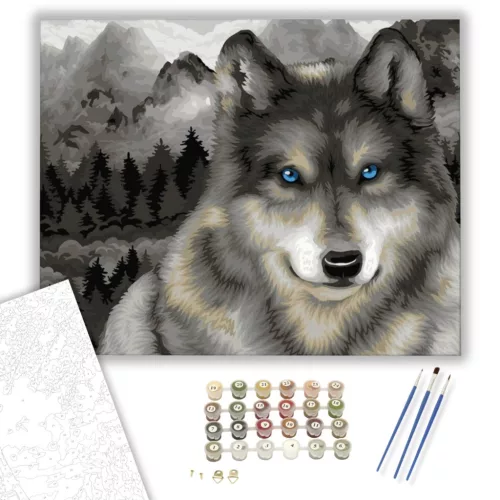 Kékszemű farkas a hegyen - számfestő készlet - Számfestő.hu - 60×70cm - keretre feszítve