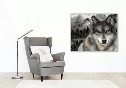 Kékszemű farkas a hegyen - számfestő készlet - Számfestő.hu - 80×100cm - keretre feszítve