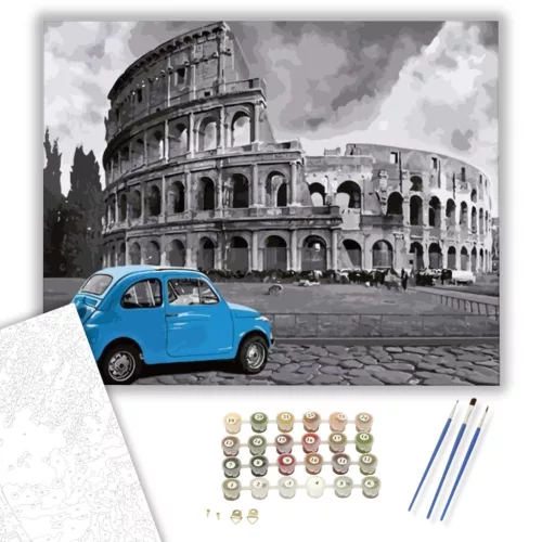 Kék autó a Kolosszeumnál - számfestő készlet - Számfestő.hu - 40×50cm - keretre feszítve