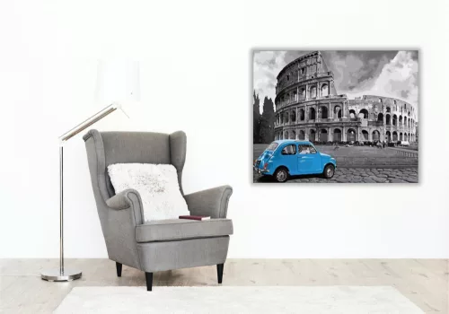 Kék autó a Kolosszeumnál - számfestő készlet - Számfestő.hu - 80×100cm - keretre feszítve