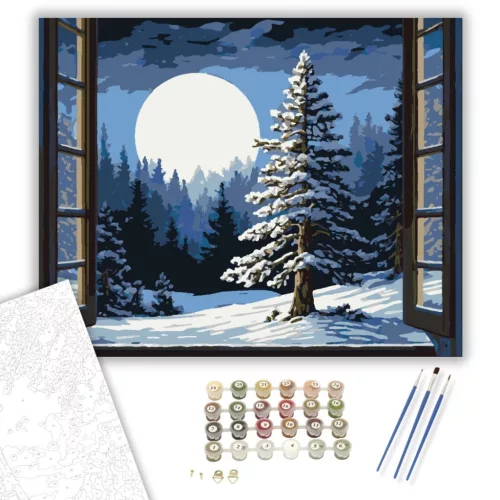 Holdfényes Téli Tájkép - számfestő készlet - Számfestő.hu - 60×70cm - keretre feszítve