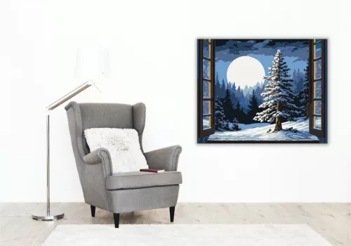 Holdfényes Téli Tájkép - számfestő készlet - Számfestő.hu - 80×100cm - keretre feszítve