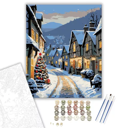 Téli Falu Csodálatos Fényei - számfestő készlet - Számfestő.hu - 80×100cm - keretre feszítve