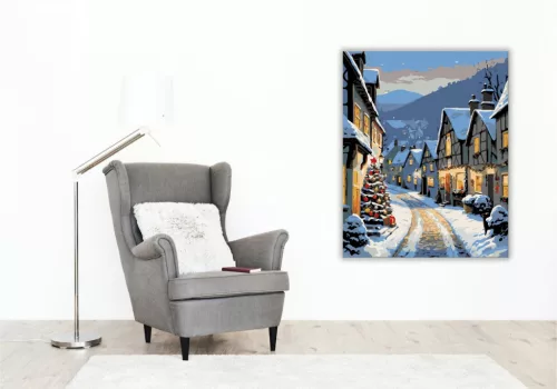 Téli Falu Csodálatos Fényei - számfestő készlet - Számfestő.hu - 60×70cm - keretre feszítve