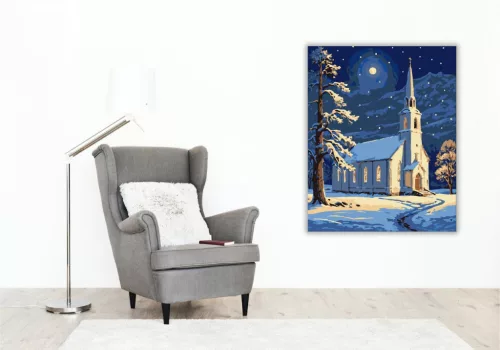 Holdfényes Téli Templom - számfestő készlet - Számfestő.hu - 40×50cm - keret nélkül