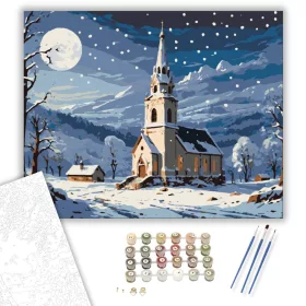 Holdfényes Téli Templom - számfestő készlet - Számfestő.hu - 40×50cm - keret nélkül