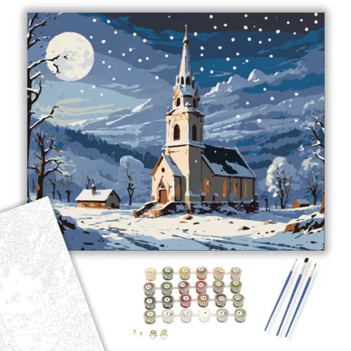 Holdfényes Téli Templom - számfestő készlet - Számfestő.hu - 40×50cm - keret nélkül