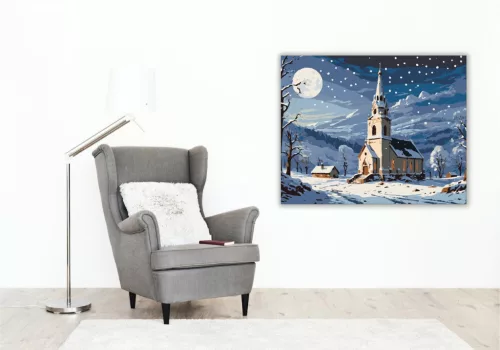 Holdfényes Téli Templom - számfestő készlet - Számfestő.hu - 50×60cm - keret nélkül