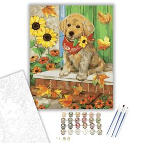 Piros kendős kiskutya - számfestő készlet - Számfestő.hu - 40×50cm - keret nélkül