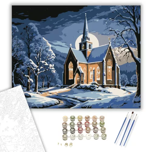 Holdfényes Téli Templom - számfestő készlet - Számfestő.hu - 50×60cm - keretre feszítve