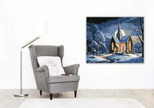 Holdfényes Téli Templom - számfestő készlet - Számfestő.hu - 40×50cm - keret nélkül