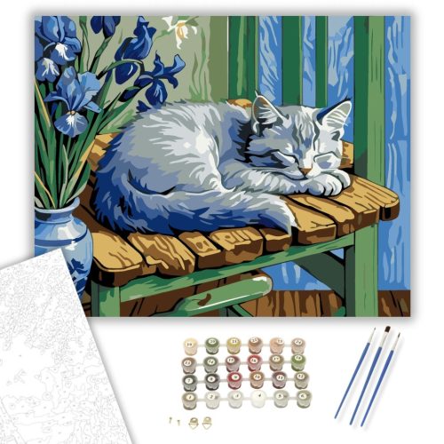 Nyugodt Macska és Íriszek - számfestő készlet - Számfestő.hu - 80×100cm - keret nélkül