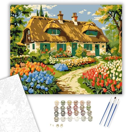 Virágos Kunyhó Idillje - számfestő készlet - Számfestő.hu - 50×60cm - keret nélkül