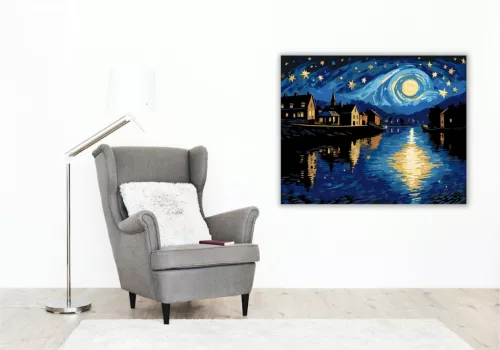 Csillagos Éjszaka Folyópartján - számfestő készlet - Számfestő.hu - 80×100cm - keret nélkül