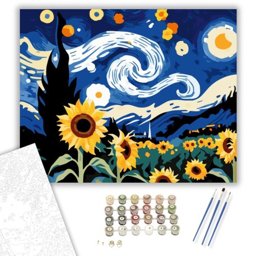 Csillagos Napraforgó Éjszaka - számfestő készlet - Számfestő.hu - 40×50cm - keret nélkül