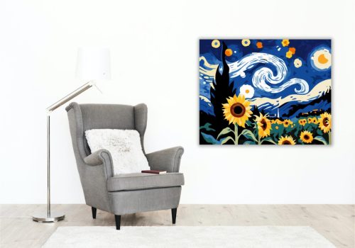 Csillagos Napraforgó Éjszaka - számfestő készlet - Számfestő.hu - 40×50cm - keret nélkül