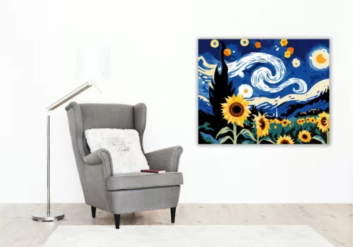 Csillagos Napraforgó Éjszaka - számfestő készlet - Számfestő.hu - 40×50cm - keretre feszítve