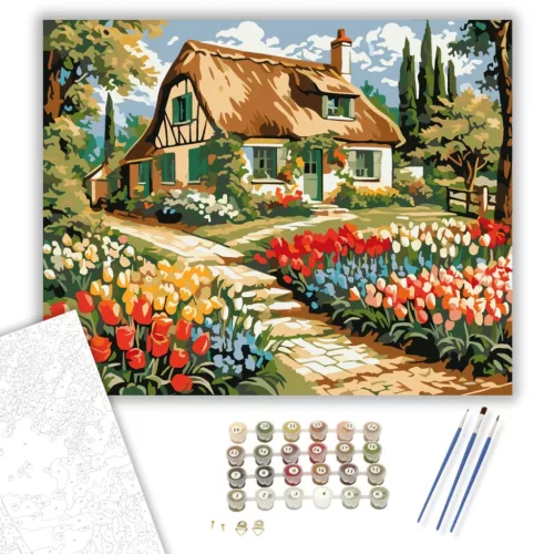 Virágos Kunyhó Idillje - számfestő készlet - Számfestő.hu - 40×50cm - keret nélkül