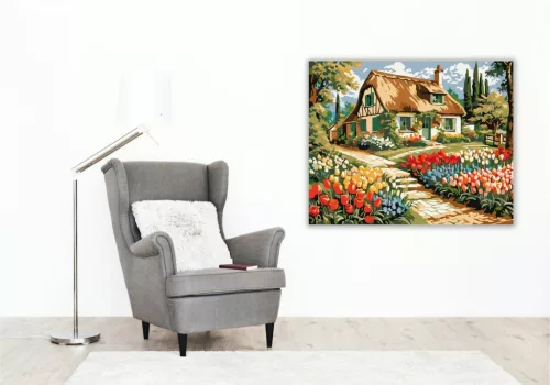 Virágos Kunyhó Idillje - számfestő készlet - Számfestő.hu - 40×50cm - keret nélkül