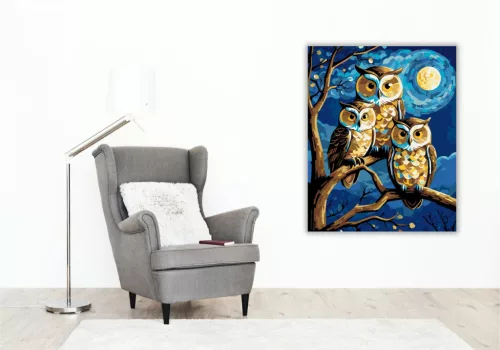 Holdfényes Baglyok Harmóniája - számfestő készlet - Számfestő.hu - 40×50cm - keret nélkül