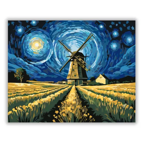 Éjjeli Szélmalom Harmóniája - számfestő készlet - Számfestő.hu - 40×50cm - Keretre feszítve