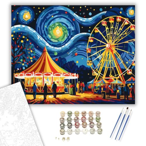 Csillagos Éjszaka Vidámparkja - számfestő készlet - Számfestő.hu - 40×50cm - keret nélkül