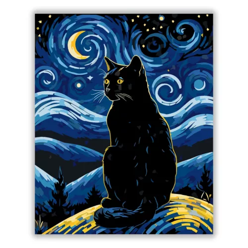 Éjszakai Csillagok Macskája - számfestő készlet - Számfestő.hu - 60×70cm - Keret nélkül
