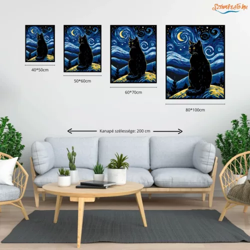Éjszakai Csillagok Macskája - számfestő készlet - Számfestő.hu - 40×50cm - Keret nélkül