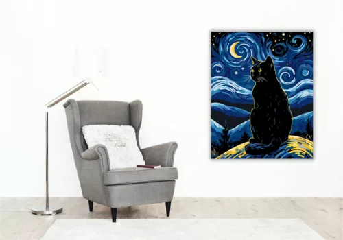 Éjszakai Csillagok Macskája - számfestő készlet - Számfestő.hu - 40×50cm - Keret nélkül