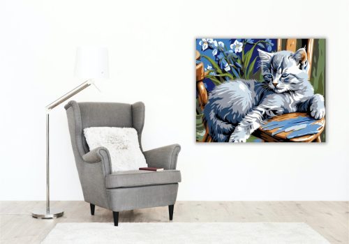 Macska és Íriszek Harmóniája - számfestő készlet - Számfestő.hu - 50×60cm - keretre feszítve