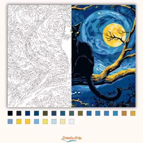 Éjféli Macska Meséje - számfestő készlet - Számfestő.hu - 40×50cm - Keretre feszítve