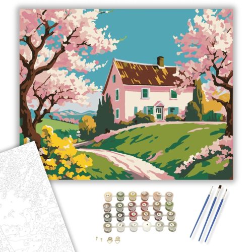 Virágzó Tavaszi Otthon - számfestő készlet - Számfestő.hu - 40×50cm - keret nélkül