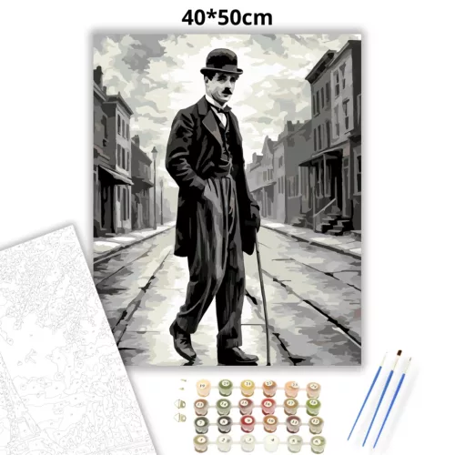 Charlie Chaplin - A csavargó - számfestő készlet - Számfestő.hu - 40×50cm - Keret nélkül