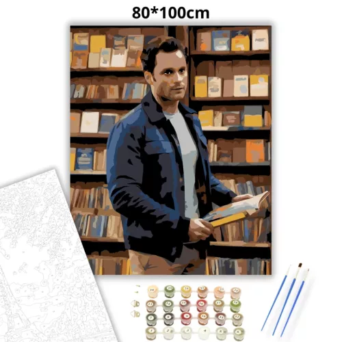 Joe Goldberg - Könyvek mögött - számfestő készlet - Számfestő.hu - 80×100cm - Keret nélkül