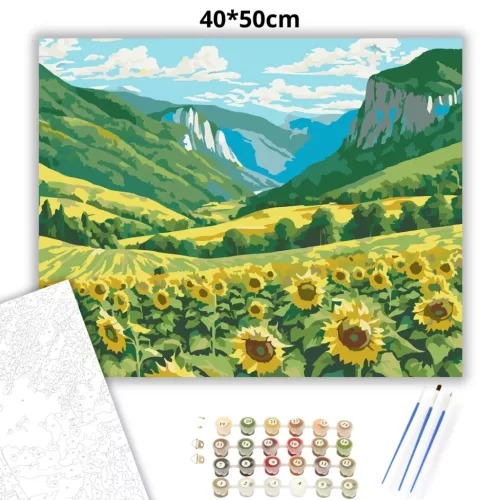 Aranyló Napraforgómező és Zöld Hegyek - számfestő készlet - Számfestő.hu - 40×50cm - Keret nélkül