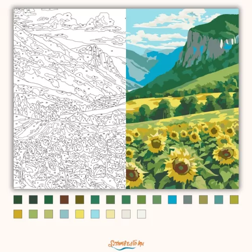 Aranyló Napraforgómező és Zöld Hegyek - számfestő készlet - Számfestő.hu - 40×50cm - Keret nélkül
