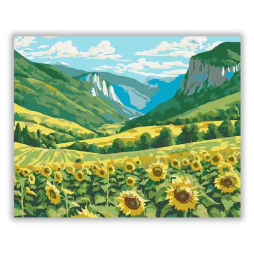 Aranyló Napraforgómező és Zöld Hegyek - számfestő készlet - Számfestő.hu - 40×50cm - Keret nélkül