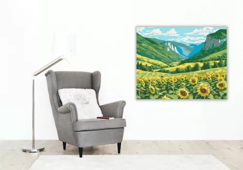 Aranyló Napraforgómező és Zöld Hegyek - számfestő készlet - Számfestő.hu - 40×50cm - Keret nélkül