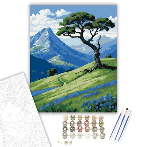 Magányos Fa és Kék Vadvirágos Völgy - számfestő készlet - Számfestő.hu - 80×100cm - keretre feszítve