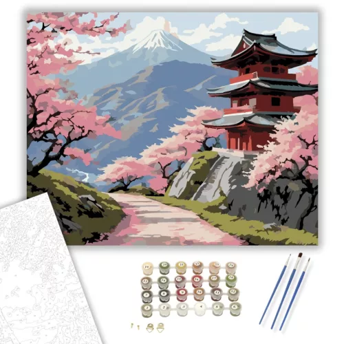 Cseresznyevirágok és Ősi Templom Hegyi Ösvényen - számfestő készlet - Számfestő.hu - 40×50cm - keret nélkül