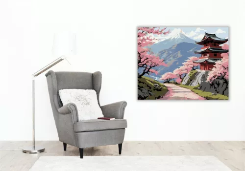 Cseresznyevirágok és Ősi Templom Hegyi Ösvényen - számfestő készlet - Számfestő.hu - 40×50cm - keret nélkül