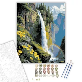 Vízesés és Sárga Vadvirágok - számfestő készlet - Számfestő.hu - 40×50cm - keret nélkül