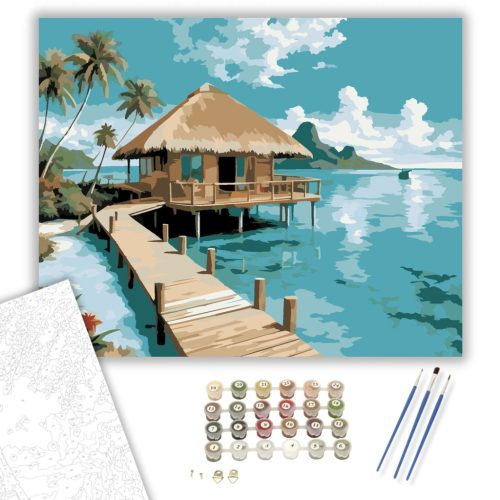 Trópusi Víz feletti Bungaló és Lagúna - számfestő készlet - Számfestő.hu - 80×100cm - keretre feszítve