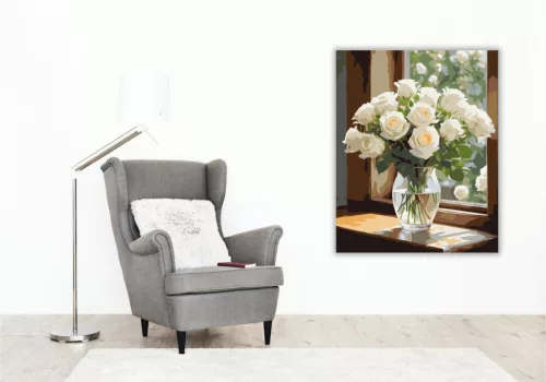 Fehér Rózsák Üveg Vázában - számfestő készlet - Számfestő.hu - 60×70cm - keret nélkül