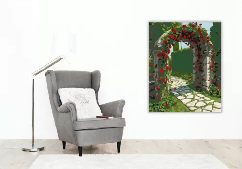 Vörös Rózsák Kerti Boltíven - számfestő készlet - Számfestő.hu - 40×50cm - keretre feszítve