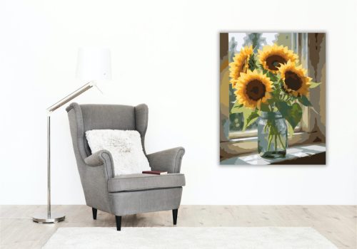 Napraforgó Csokor Ablakban - számfestő készlet - Számfestő.hu - 40×50cm - keretre feszítve